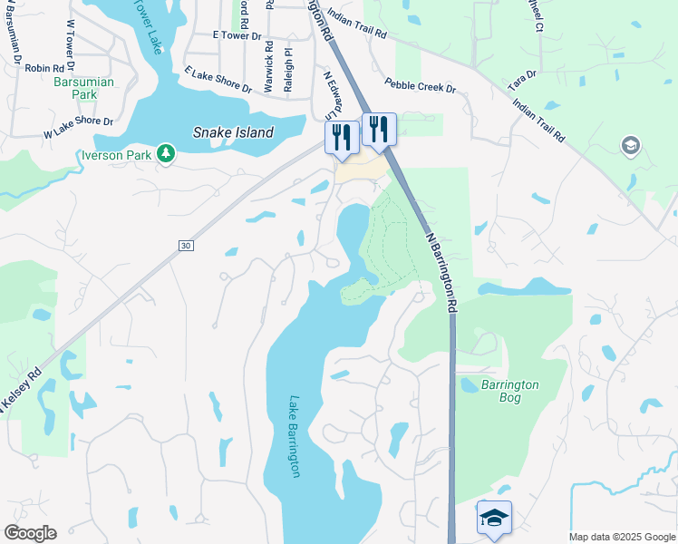 map of restaurants, bars, coffee shops, grocery stores, and more near 26327 Indian Point in Lake Barrington