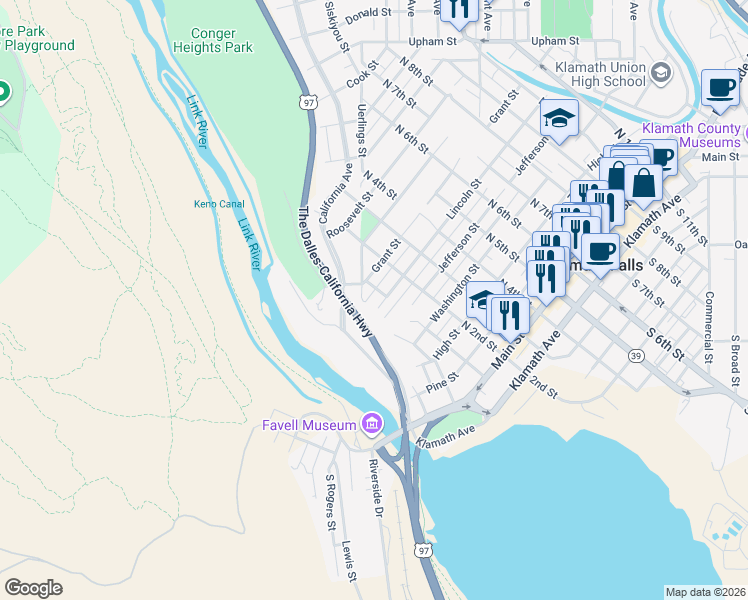 map of restaurants, bars, coffee shops, grocery stores, and more near 79 Lincoln Street in Klamath Falls
