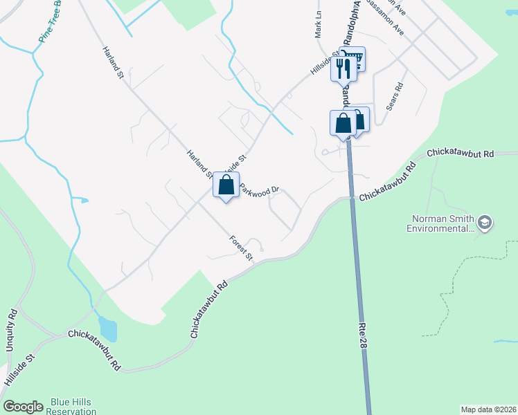 map of restaurants, bars, coffee shops, grocery stores, and more near 55 Parkwood Drive in Milton