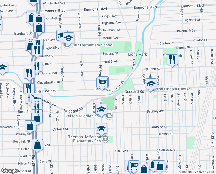 map of restaurants, bars, coffee shops, grocery stores, and more near 720 Harrison Boulevard in Lincoln Park