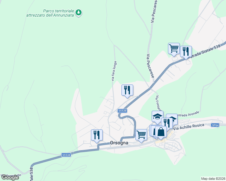 map of restaurants, bars, coffee shops, grocery stores, and more near via fara longa in Orsogna