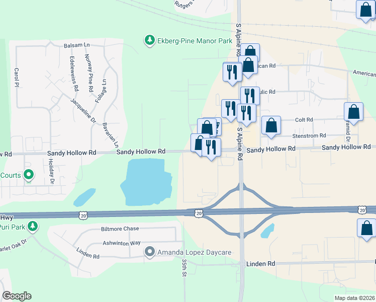 map of restaurants, bars, coffee shops, grocery stores, and more near 3824 Sandy Hollow Road in Rockford