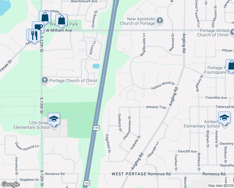 map of restaurants, bars, coffee shops, grocery stores, and more near 4010 Hollow Wood Drive in Portage