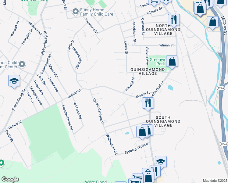 map of restaurants, bars, coffee shops, grocery stores, and more near 57 Upland Street in Worcester