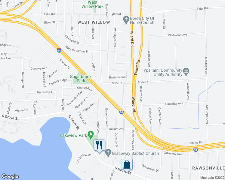 map of restaurants, bars, coffee shops, grocery stores, and more near 1540 Outer Lane Drive in Ypsilanti