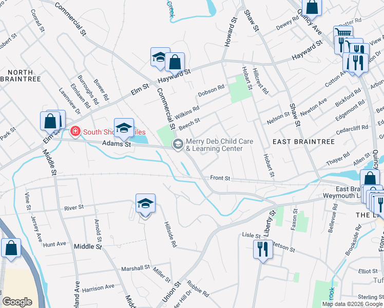 map of restaurants, bars, coffee shops, grocery stores, and more near 409 Commercial Street in Braintree