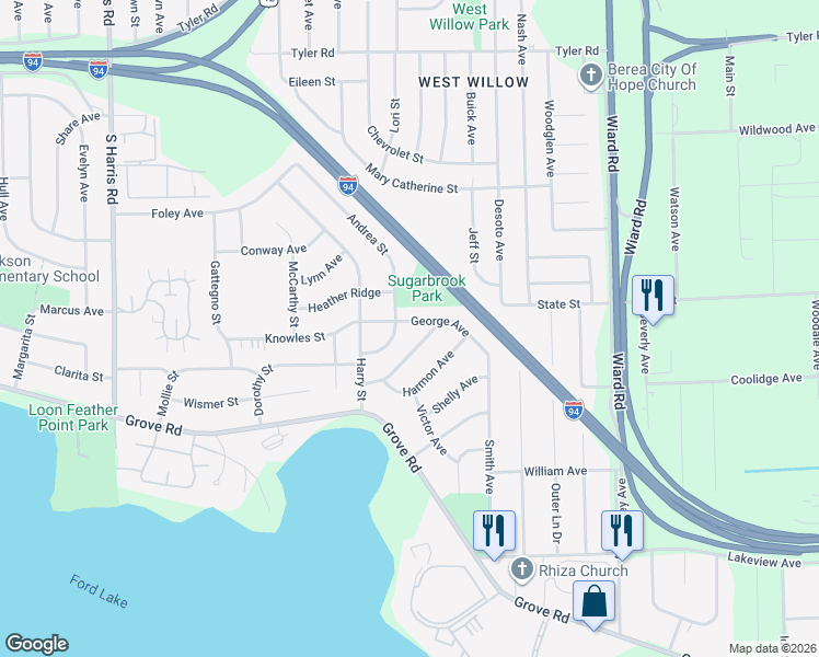 map of restaurants, bars, coffee shops, grocery stores, and more near 1559 Andrea Street in Ypsilanti