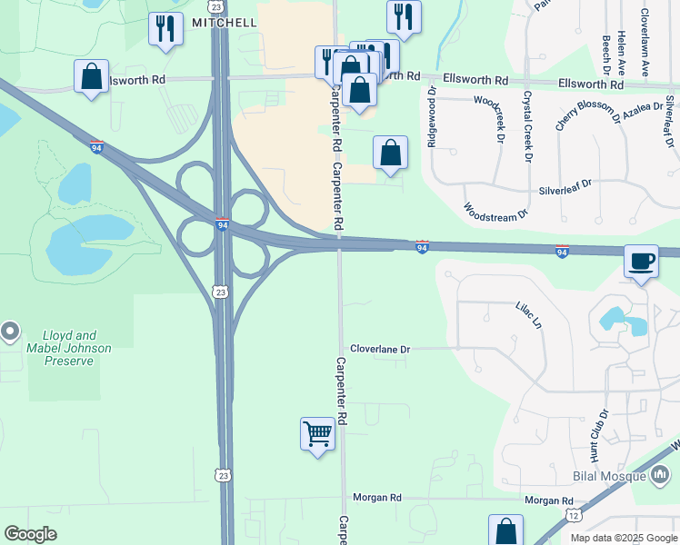 map of restaurants, bars, coffee shops, grocery stores, and more near 4545 Carpenter Road in Ypsilanti