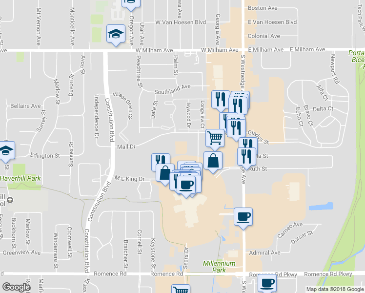 map of restaurants, bars, coffee shops, grocery stores, and more near 550 Ring Road in Portage