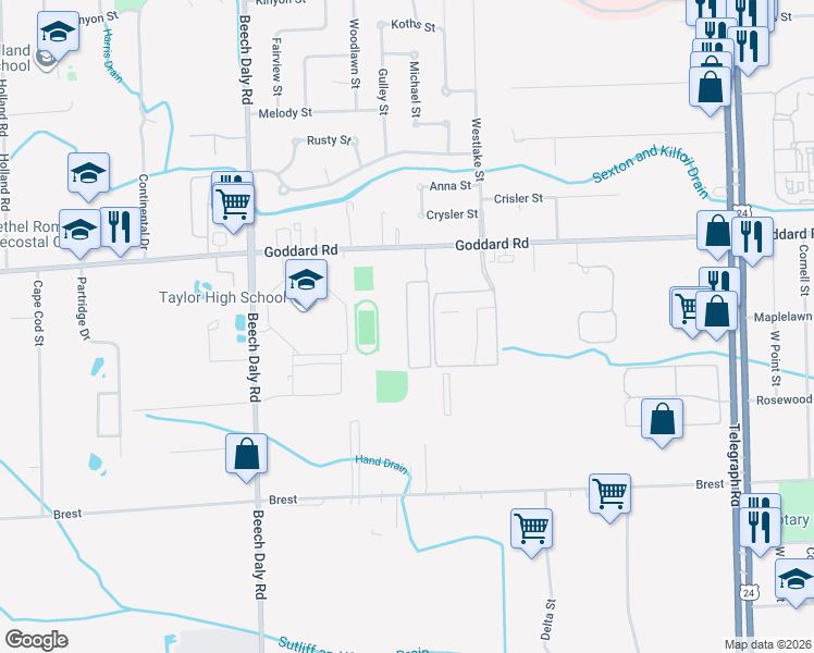 map of restaurants, bars, coffee shops, grocery stores, and more near 11498 Goddard Court in Taylor
