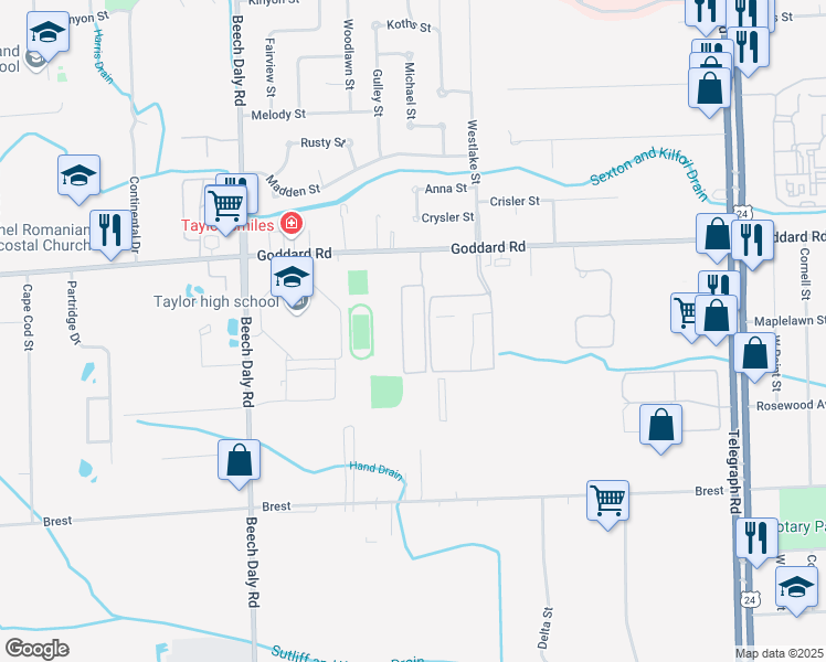 map of restaurants, bars, coffee shops, grocery stores, and more near 11202 Goddard Court in Taylor