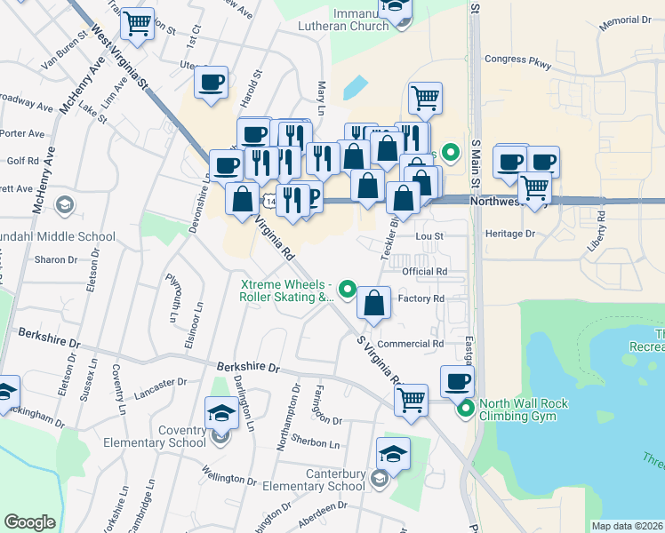 map of restaurants, bars, coffee shops, grocery stores, and more near 633 South Virginia Road in Crystal Lake