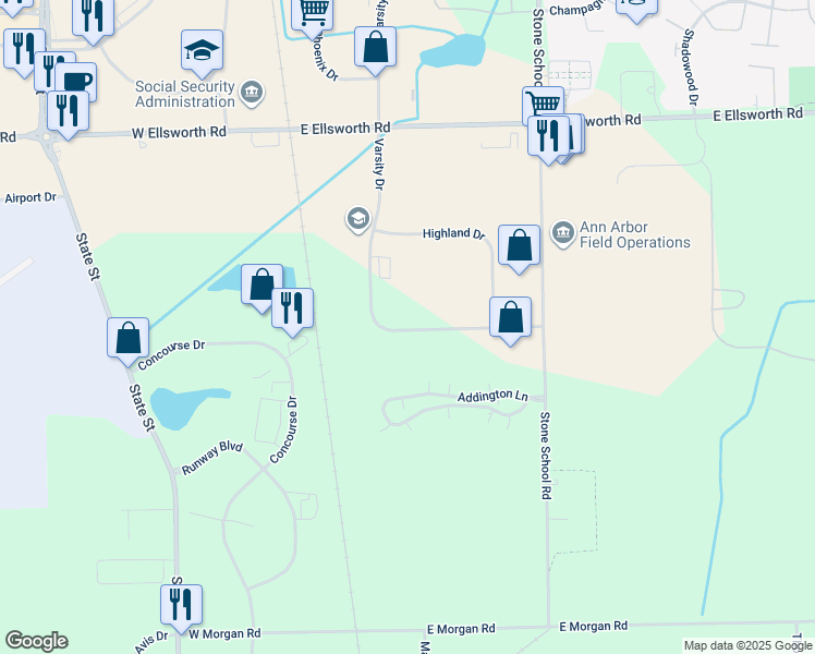 map of restaurants, bars, coffee shops, grocery stores, and more near 4355e Varsity Drive in Ann Arbor