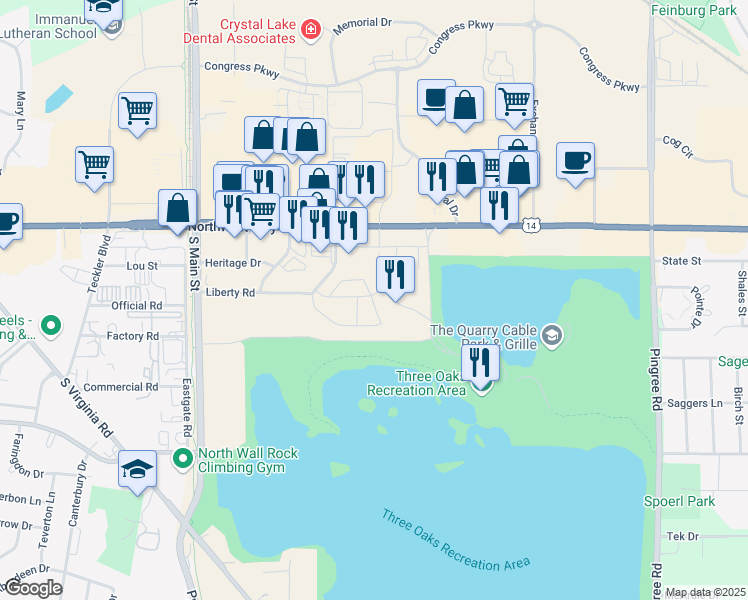 map of restaurants, bars, coffee shops, grocery stores, and more near in Crystal Lake