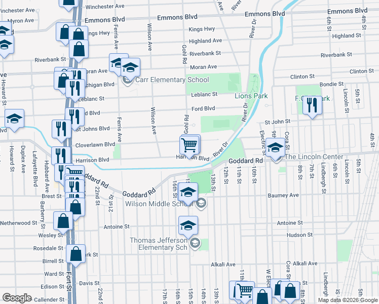 map of restaurants, bars, coffee shops, grocery stores, and more near 720 Harrison Boulevard in Lincoln Park