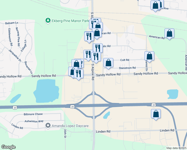 map of restaurants, bars, coffee shops, grocery stores, and more near Sandy Hollow Rd & S Alpine Rd in Rockford