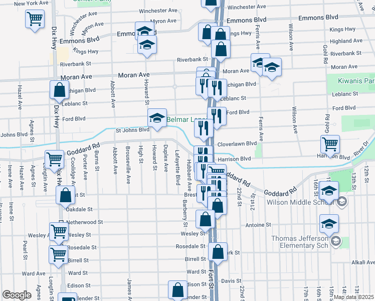 map of restaurants, bars, coffee shops, grocery stores, and more near 1358 Goddard Road in Lincoln Park