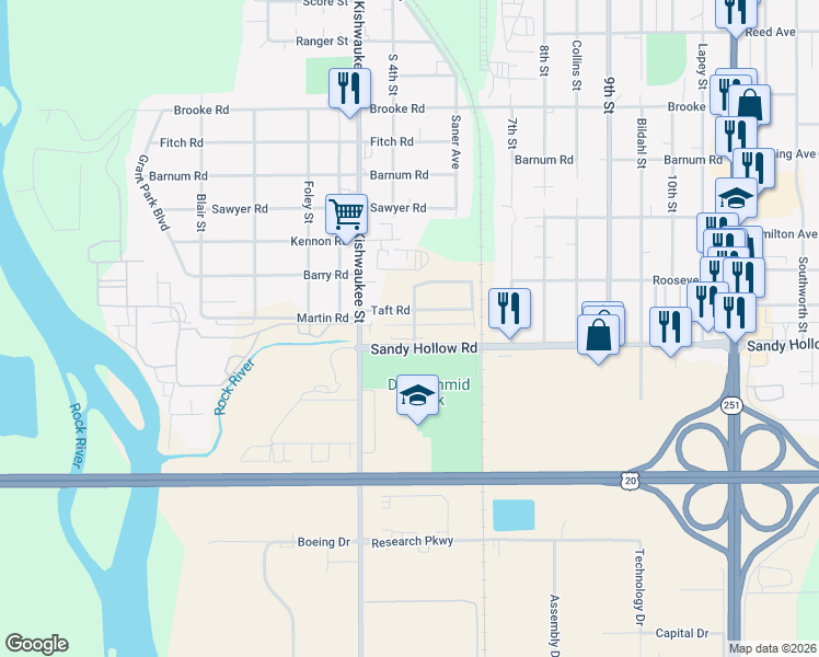 map of restaurants, bars, coffee shops, grocery stores, and more near 728 Sandy Hollow Road in Rockford
