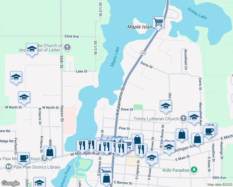 map of restaurants, bars, coffee shops, grocery stores, and more near 628 North Kalamazoo Street in Paw Paw