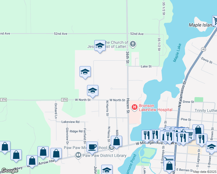 map of restaurants, bars, coffee shops, grocery stores, and more near 320 West North Street in Paw Paw