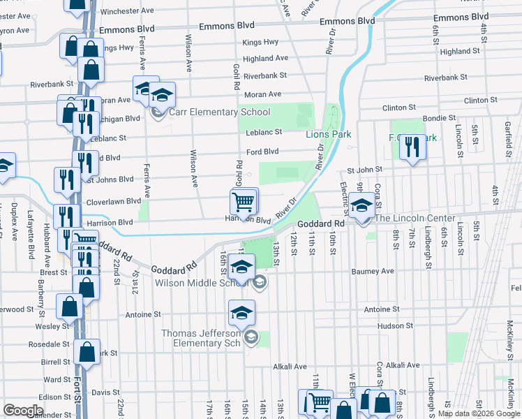map of restaurants, bars, coffee shops, grocery stores, and more near 720 Harrison Boulevard in Lincoln Park