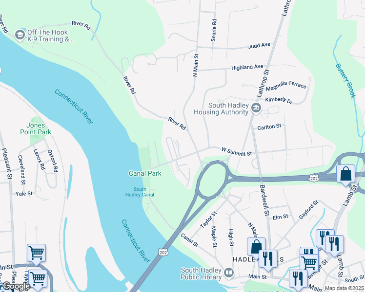 map of restaurants, bars, coffee shops, grocery stores, and more near 39 West Summit Street in South Hadley