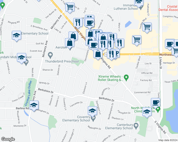 map of restaurants, bars, coffee shops, grocery stores, and more near 225 Lincolnshire Drive in Crystal Lake