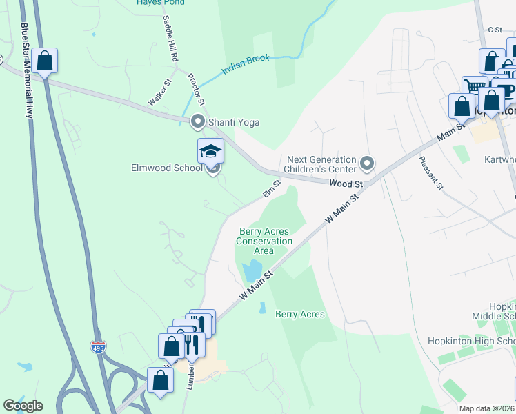 map of restaurants, bars, coffee shops, grocery stores, and more near 5 Elm Street in Hopkinton