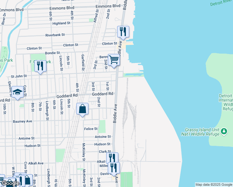 map of restaurants, bars, coffee shops, grocery stores, and more near Biddle Avenue & Goddard Street in Wyandotte
