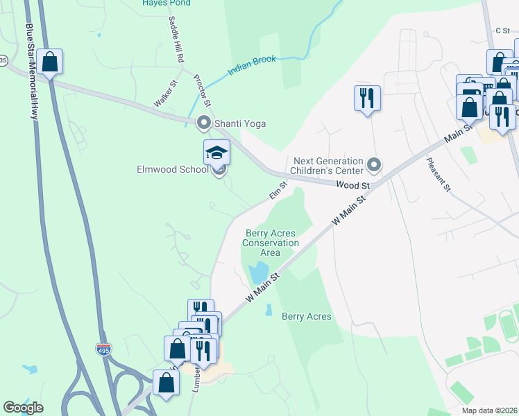 map of restaurants, bars, coffee shops, grocery stores, and more near 5 Elm Street in Hopkinton