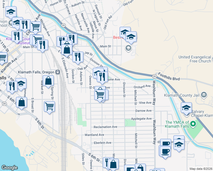 map of restaurants, bars, coffee shops, grocery stores, and more near 2150 Orchard Avenue in Klamath Falls
