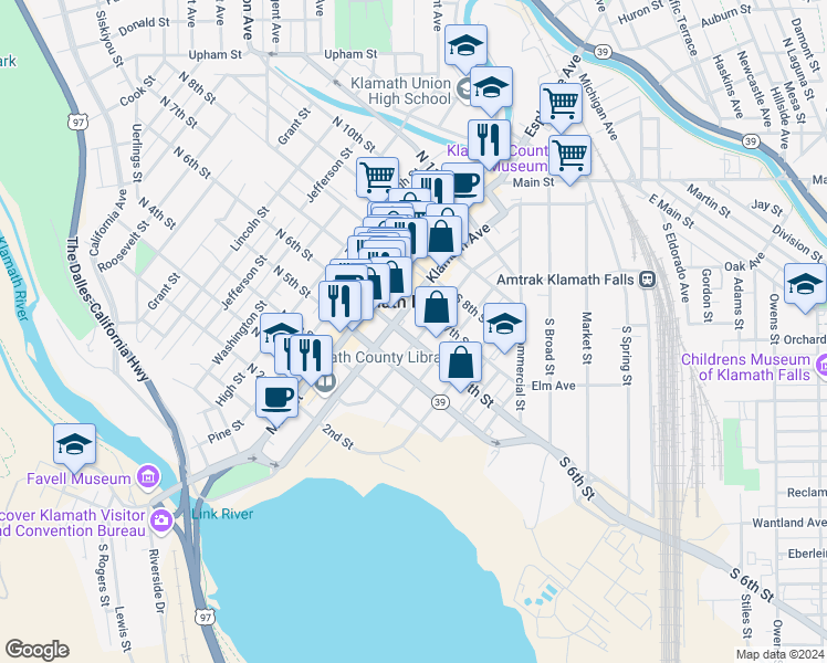 map of restaurants, bars, coffee shops, grocery stores, and more near 316 South 6th Street in Klamath Falls
