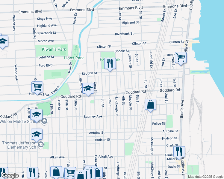 map of restaurants, bars, coffee shops, grocery stores, and more near 657 Goddard Road in Wyandotte