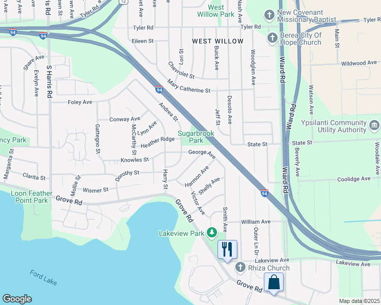 map of restaurants, bars, coffee shops, grocery stores, and more near 1559 Andrea Street in Ypsilanti