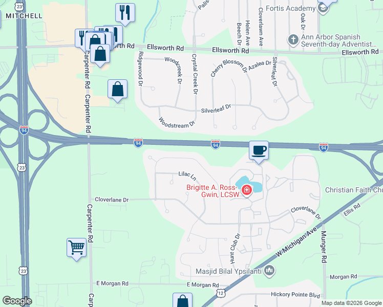 map of restaurants, bars, coffee shops, grocery stores, and more near 4173 Montith Drive in Ypsilanti
