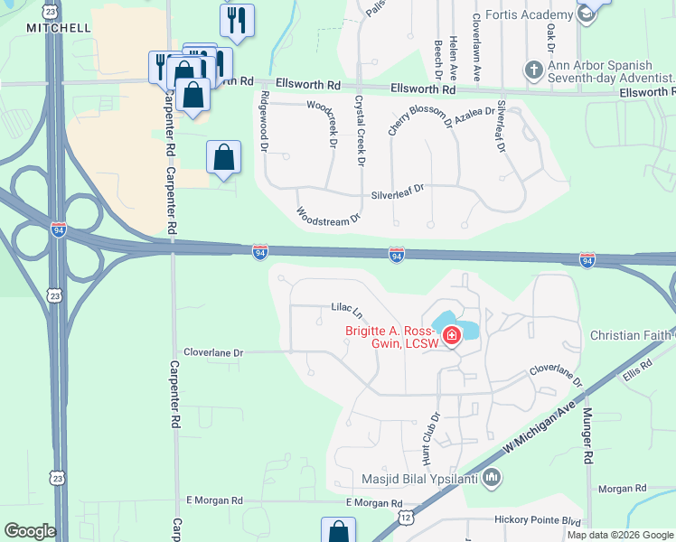 map of restaurants, bars, coffee shops, grocery stores, and more near 4173 Montith Drive in Ypsilanti