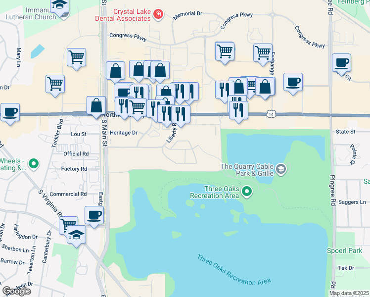 map of restaurants, bars, coffee shops, grocery stores, and more near 6541 Northwest Highway in Crystal Lake