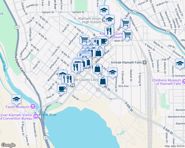 map of restaurants, bars, coffee shops, grocery stores, and more near 229 South 6th Street in Klamath Falls