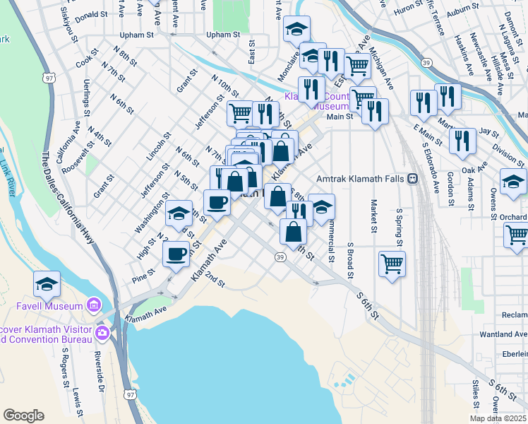 map of restaurants, bars, coffee shops, grocery stores, and more near 229 South 6th Street in Klamath Falls