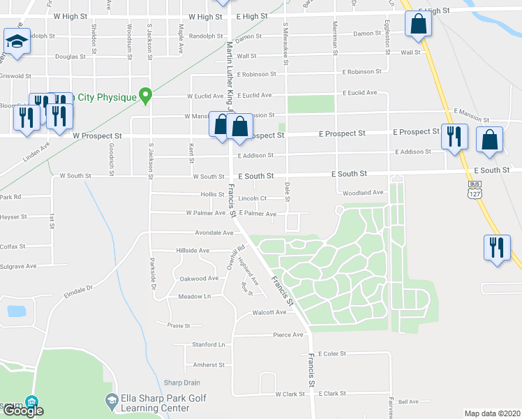 map of restaurants, bars, coffee shops, grocery stores, and more near 126 East Palmer Avenue in Jackson