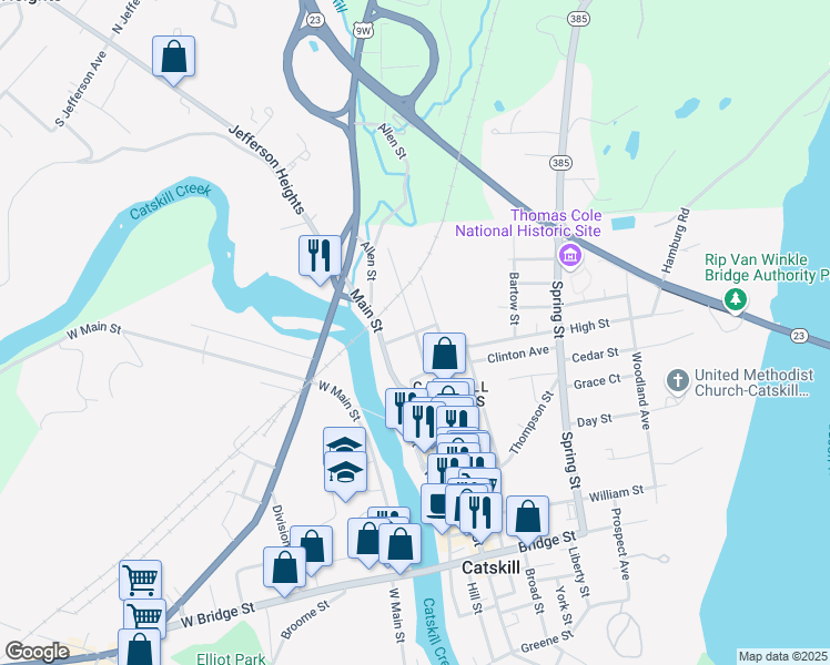 map of restaurants, bars, coffee shops, grocery stores, and more near Grand Street & Summit Avenue in Catskill
