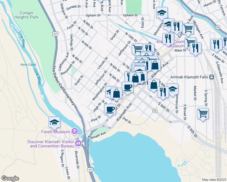 map of restaurants, bars, coffee shops, grocery stores, and more near 305 Main Street in Klamath Falls