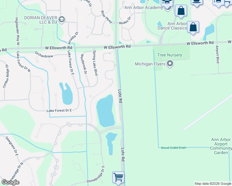 map of restaurants, bars, coffee shops, grocery stores, and more near 4368 Lohr Road in Ann Arbor