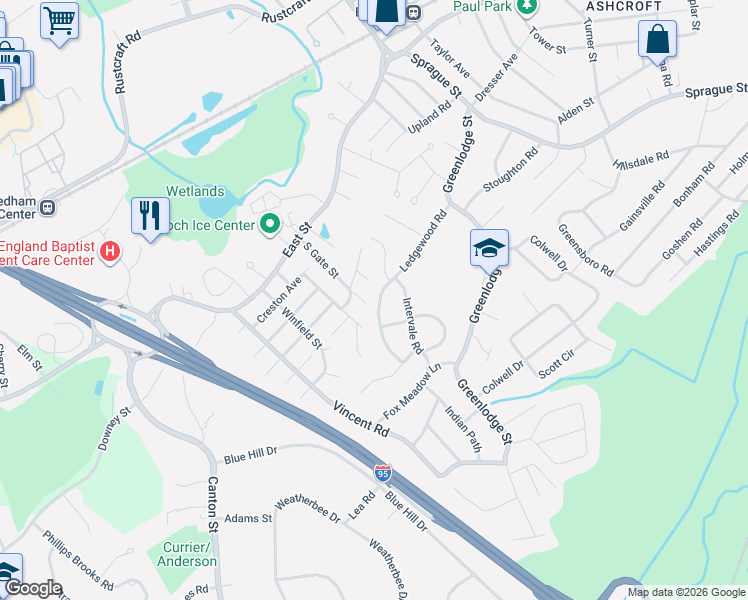 map of restaurants, bars, coffee shops, grocery stores, and more near 131 Ledgewood Road in Dedham