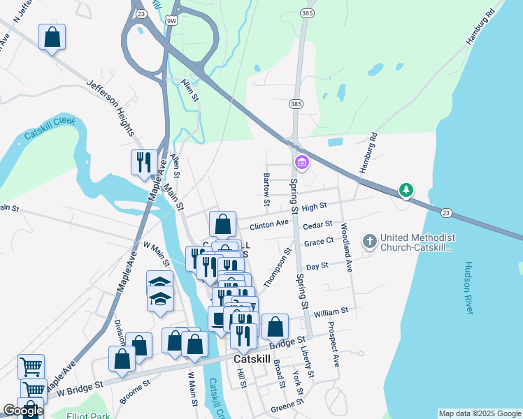 map of restaurants, bars, coffee shops, grocery stores, and more near 9 Clinton Avenue in Catskill