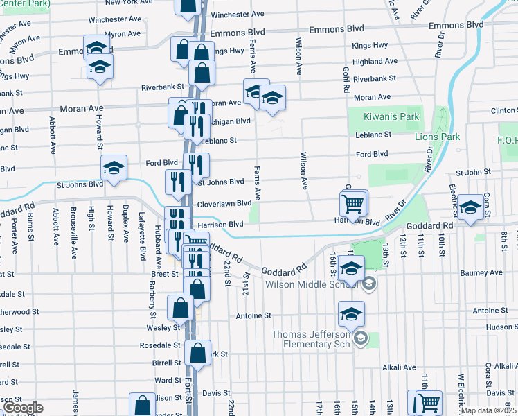 map of restaurants, bars, coffee shops, grocery stores, and more near 992 Harrison Boulevard in Lincoln Park