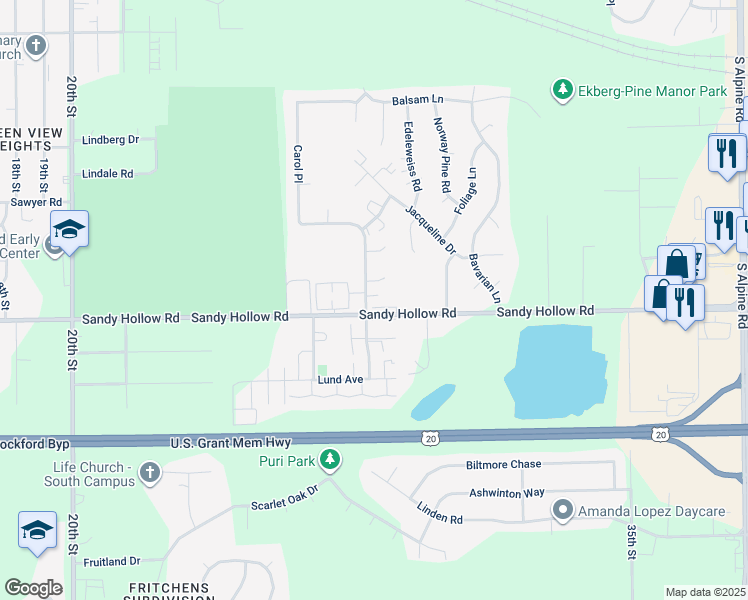 map of restaurants, bars, coffee shops, grocery stores, and more near 3430 Holiday Drive in Rockford