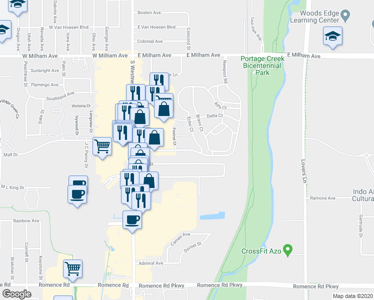 map of restaurants, bars, coffee shops, grocery stores, and more near 490 Gladys Street in Portage