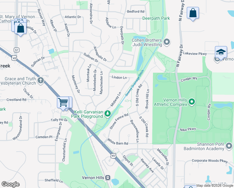 map of restaurants, bars, coffee shops, grocery stores, and more near 124 Midway Lane in Vernon Hills