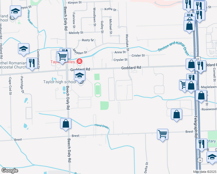 map of restaurants, bars, coffee shops, grocery stores, and more near Goddard Court in Taylor